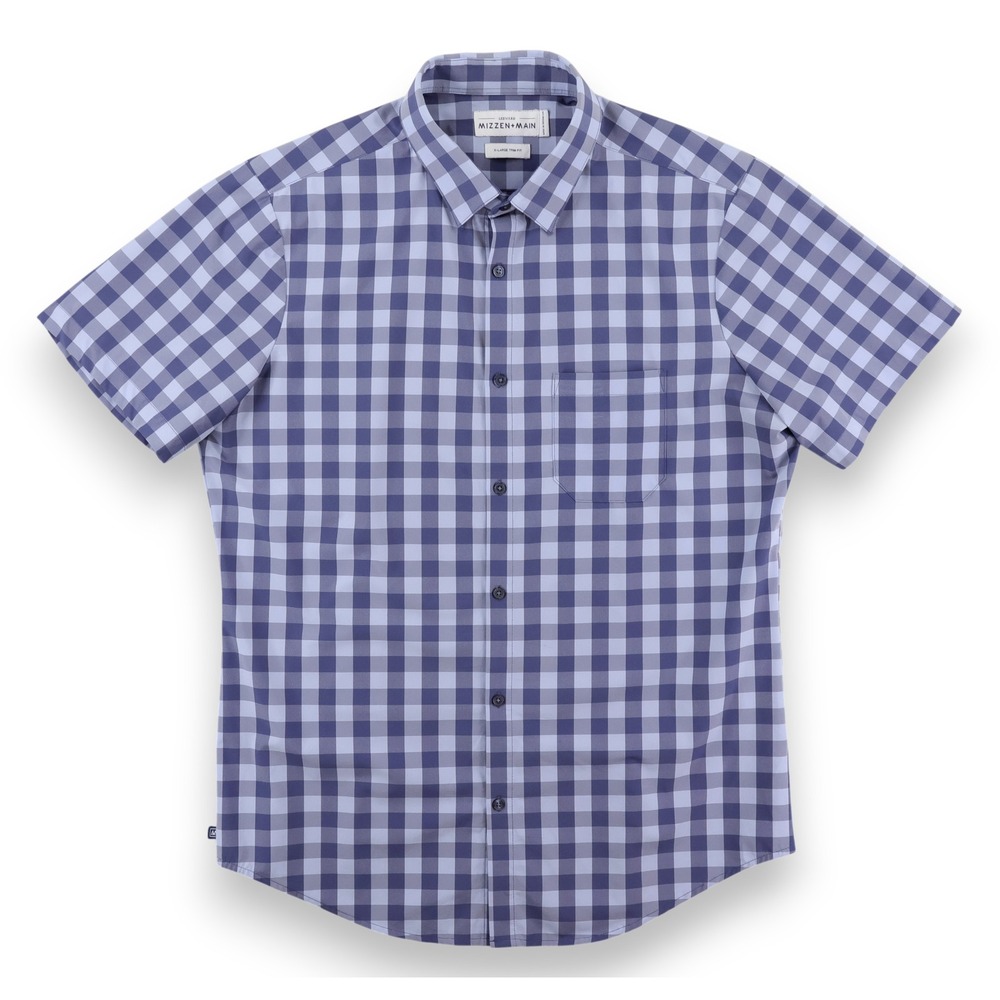 Mizzen+Main Leeward Short Sleeve Shirt Mens XL Trim Fit Blue Checks Stretch